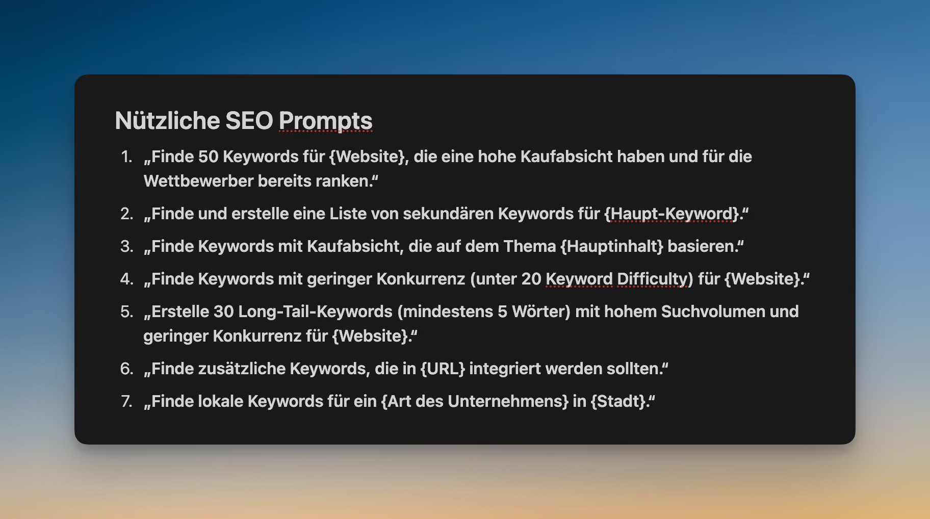 Einige nützliche Prompts für ChatGPT um deine eigene SEO zu verbessern.