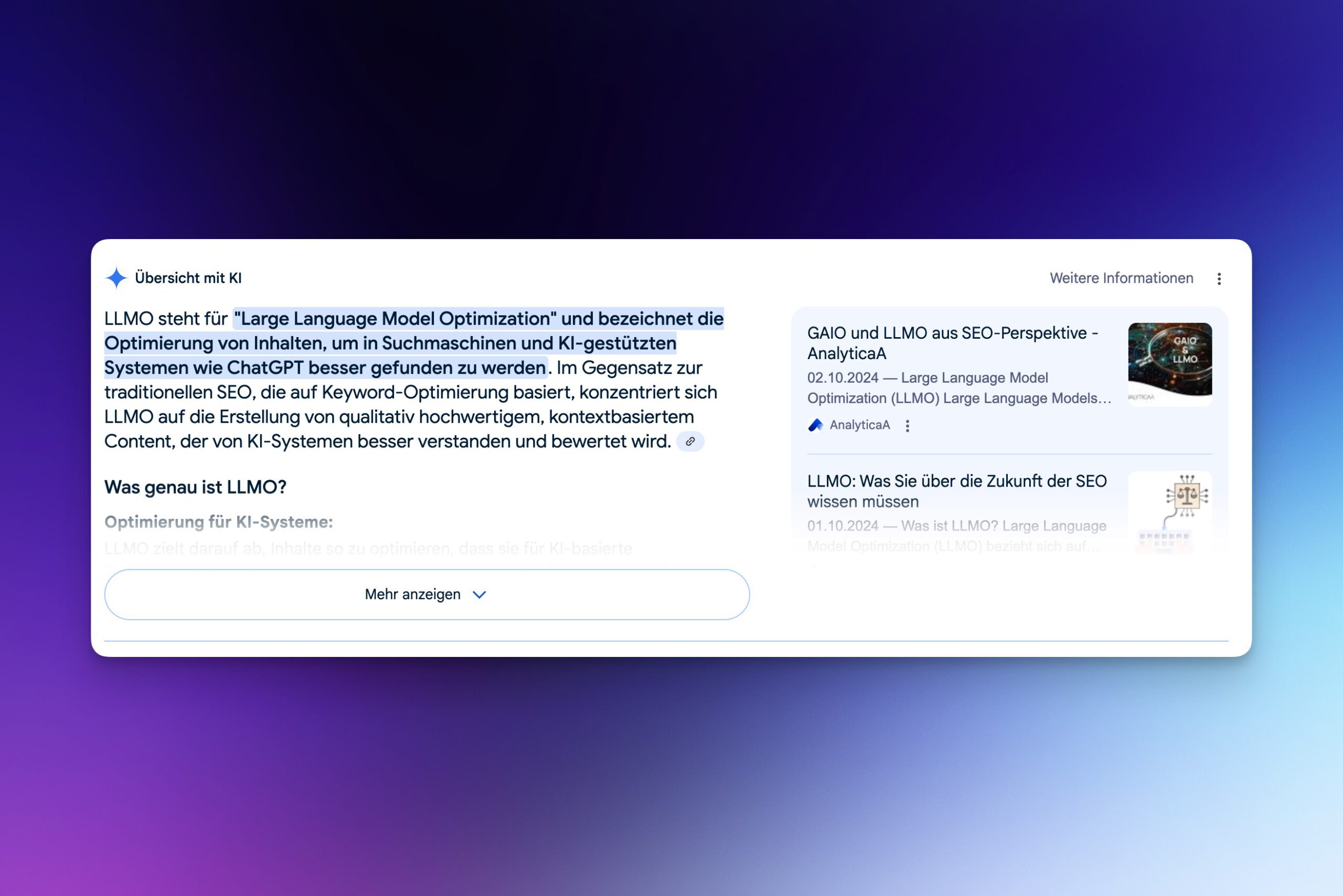Google Suchergebnis mit KI-Zusammenfassung zum Suchbegriff Was ist LLMO