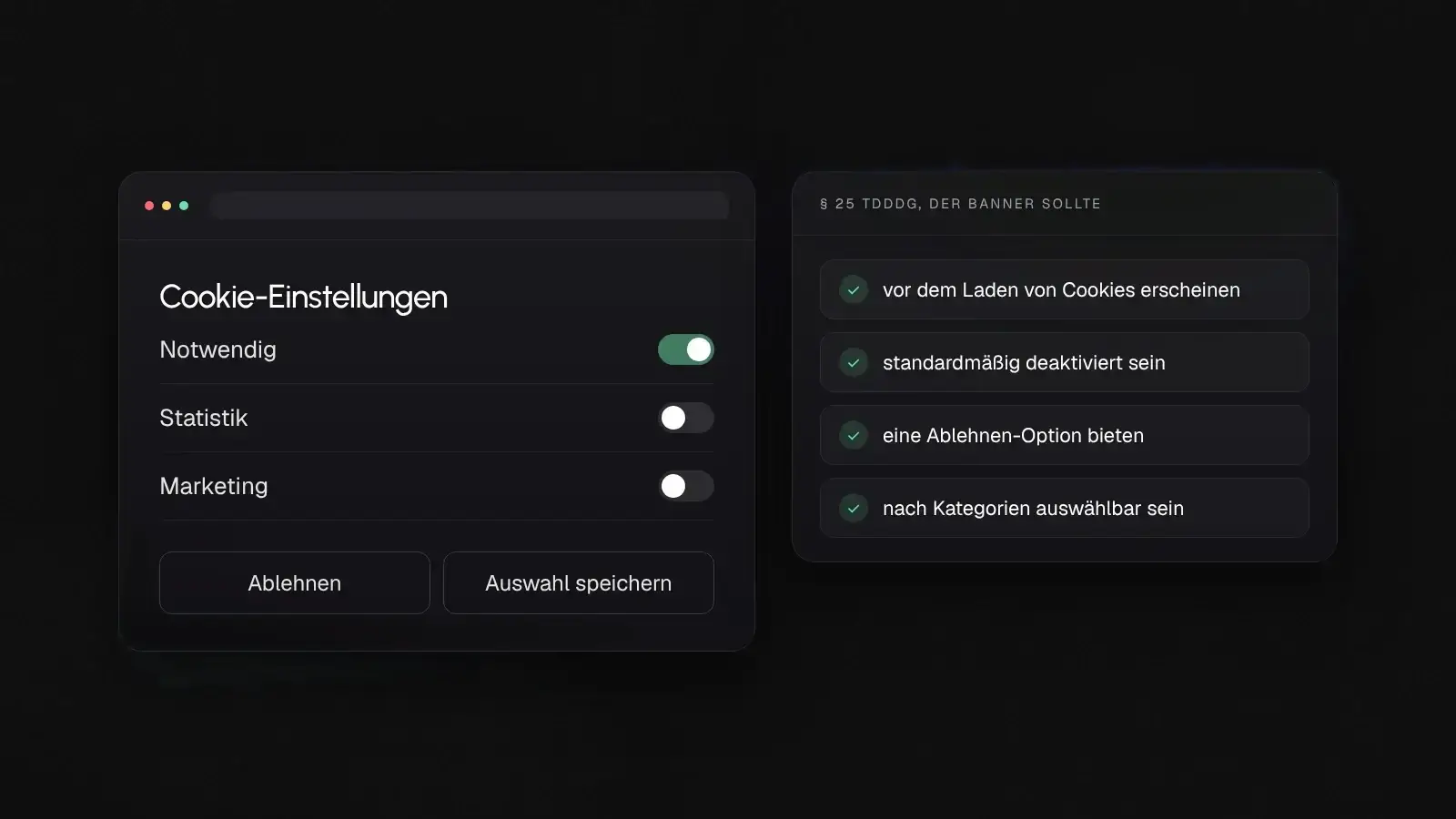 Beispiel eines Cookie-Banners mit Kategorien und Ablehnen-Option sowie vier Anforderungen nach § 25 TDDDG