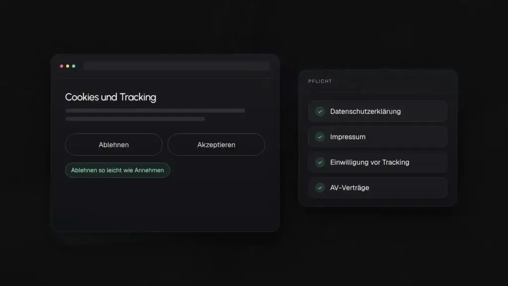Grafik mit Cookie-Banner und Pflichtangaben