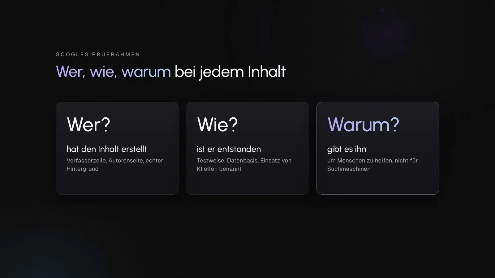 Drei Karten mit den Prüffragen Wer, Wie und Warum für die Bewertung eigener Inhalte