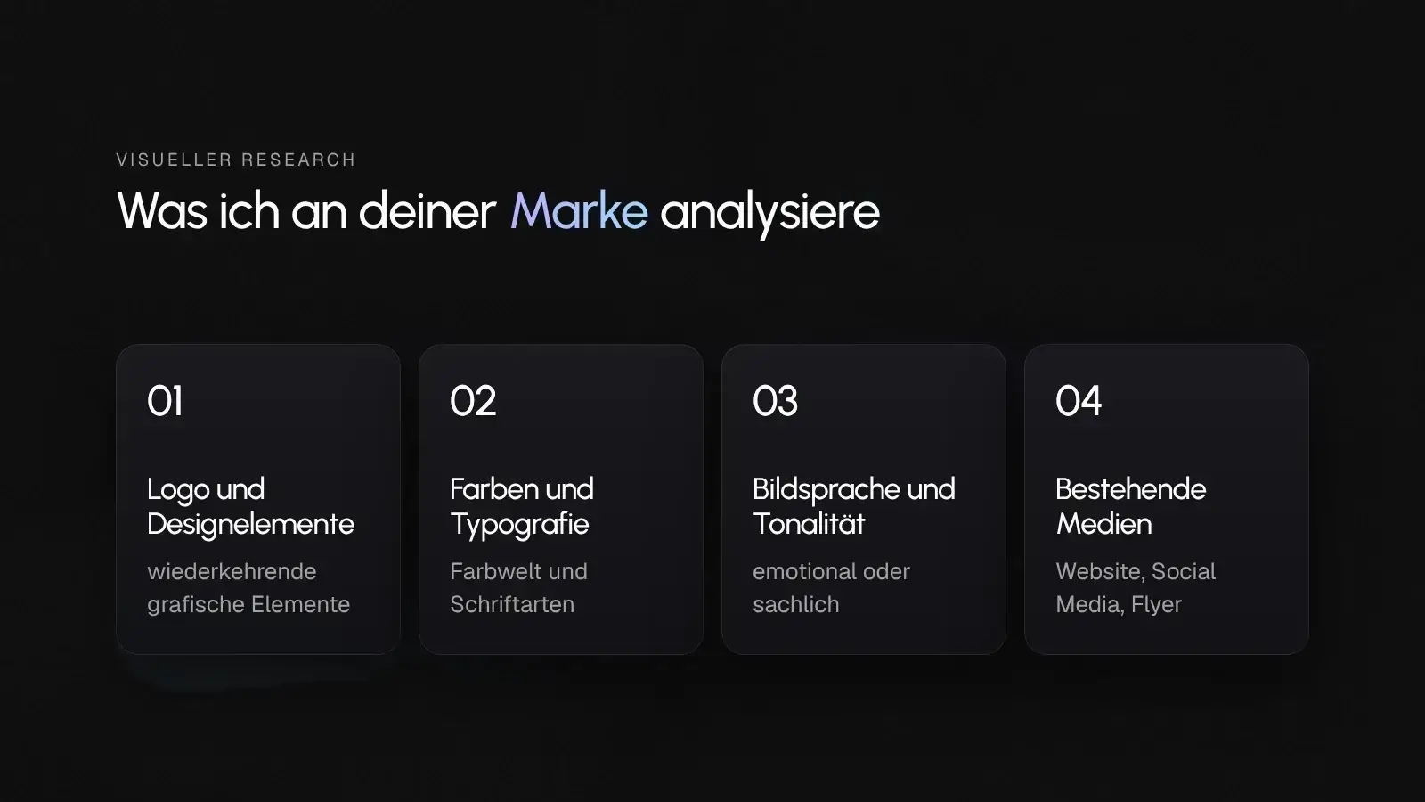 Vier Bereiche im visuellen Research, Logo, Farben und Typografie, Bildsprache und bestehende Medien