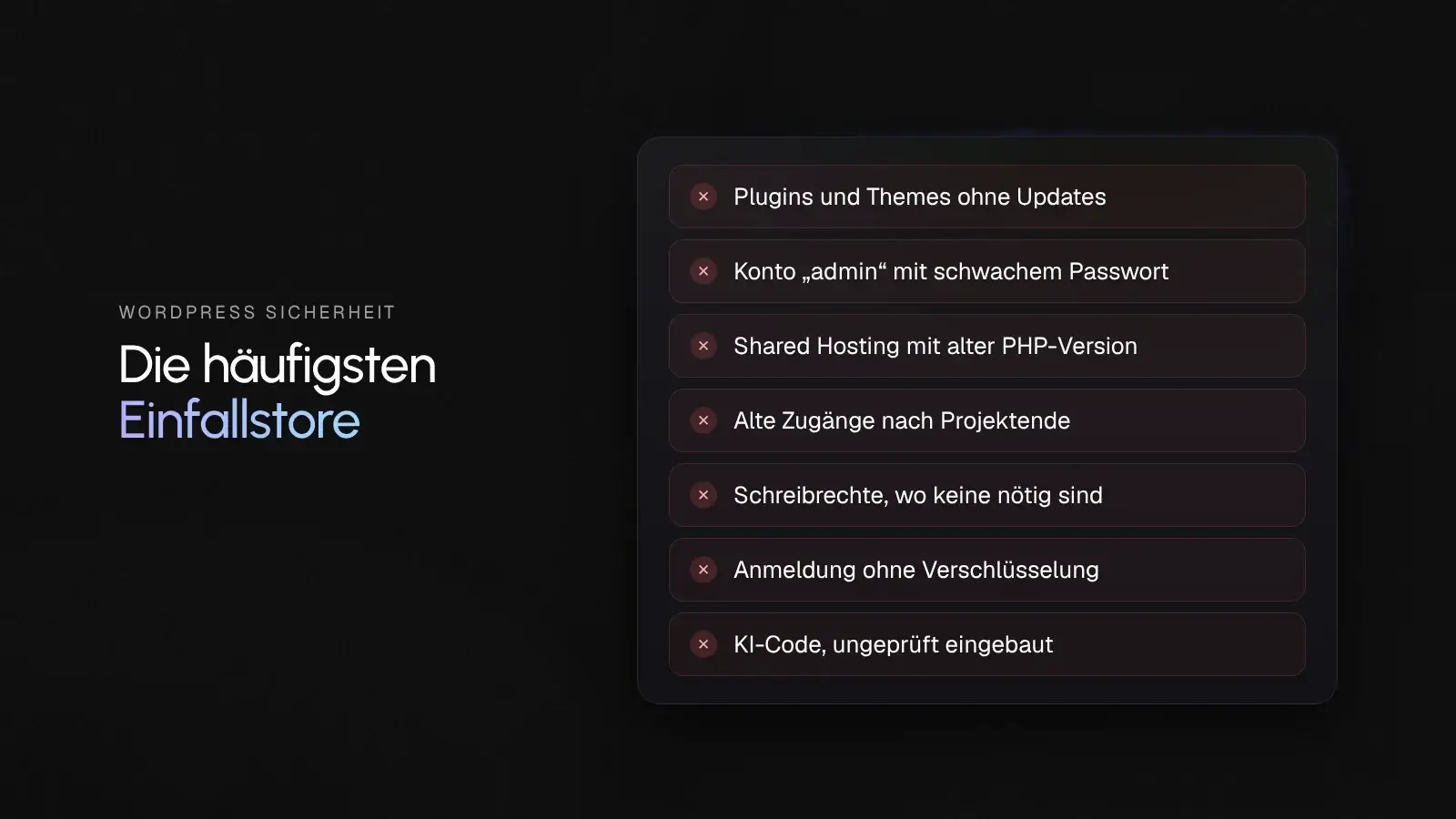 Liste der häufigsten Einfallstore bei WordPress, von veralteten Plugins bis zu ungeprüftem KI-Code